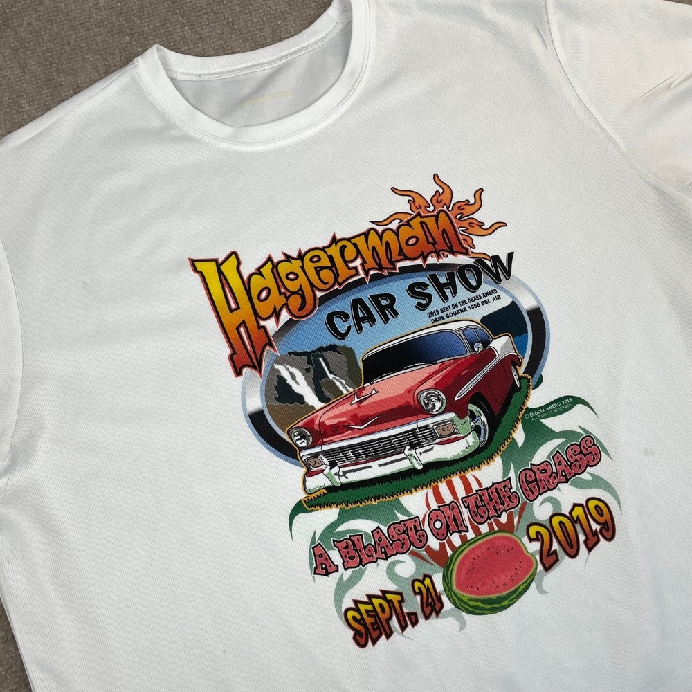 Sport Tek Hagerman's Car Show T Shirt Mens XL White A Blast On The Grass Graphic
